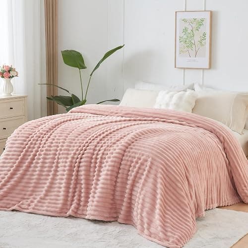 NEWCOSPLAY Super Soft Queen Blanket Pink Premium Silky Flannel Fleece 3D Ribbed Jacquard Lightweight Bed Blanket All Season Use (Pink Ribbed, Queen(90"x90")) thumbnail 7