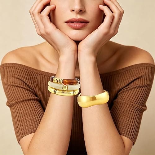 FUNOJOY Gold Open Cuff Bracelet with 3 Elastic Resin Bangles for Women – Stackable Statement Jewelry Set, Comfortable Fit, Gift for Her thumbnail 6