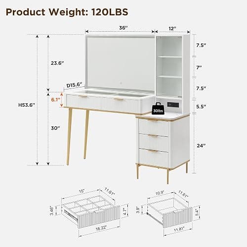 T4TREAM Fluted Makeup Vanity Desk with 36" HD Lighted Mirror, 48" Big Modern Vanity Desk with Mirror and Lights, Dressing Table with 5 Drawers & Shelves, Glass Top for Bedroom (Off White) thumbnail 2