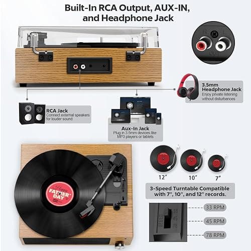 Plattenspieler, FYDEE Vinyl Plattenspieler Bluetooth, Schallplattenspieler Vintage Turntable mit Eingebauter Stereo-Lautsprecher, 3-Gang 33/45/78 U/min, RCA Ausgang, AUX-Eingang, Holzfarbe thumbnail 7