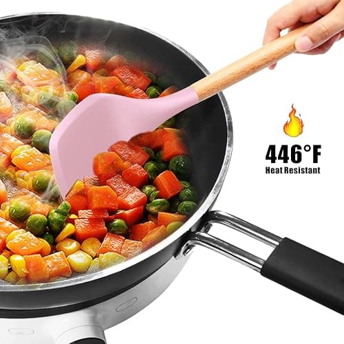 Silicone Kitchen Utensils Set - 446°F Heat Resistant Cooking Utensil Sets, Spatula,Turner,Tongs,Spoon,Brush,Whisk, Wooden Handle Silicone Kitchen Gadgets Tools for Non-Stick Cookware BPA Free (Pink) thumbnail 8