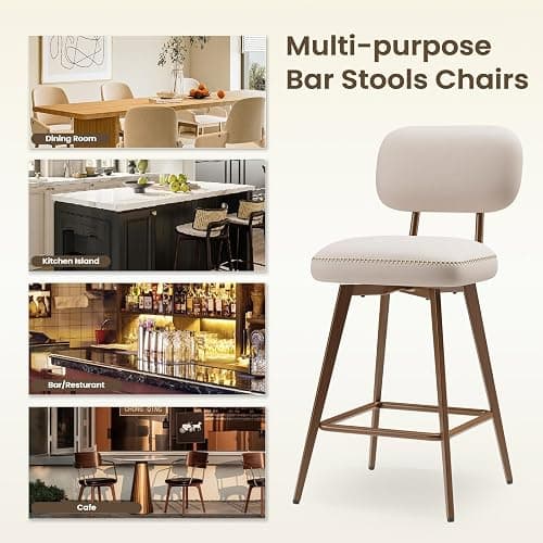 MALOL 26“ Swivel Bar Stools Set of 4, Mid Century PU Leather Counter Height Bar Chairs with Low Back and Metal Legs, Modern Bar Stool Chair for Kitchen Island, Beige thumbnail 6
