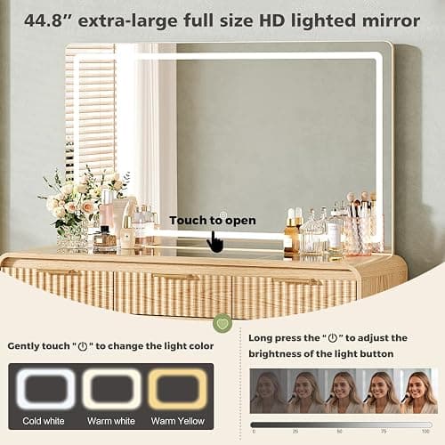 GRUTEUNIT 47“Makeup Vanity Desk with 44.8" Mirror and Lights, Vanity Desk with 7 Drawers, Makeup Vanity Table with a Glass Tabletop, 3 Color Modes & Adjustable Brightness Dressing Table, Bedroom,Oak thumbnail 4