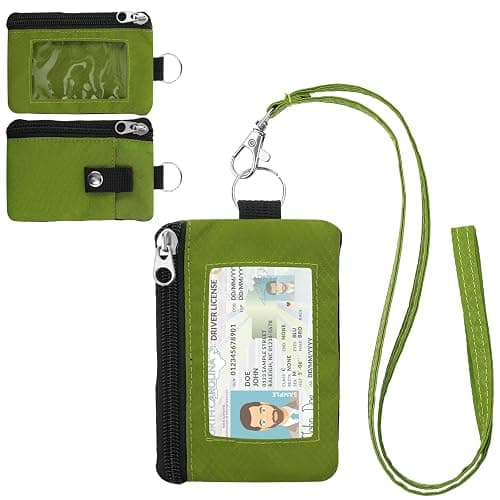 ZHOMA Minimalist RFID Wallet with Lanyard, Multi-functional ID Case with 2 Zipper Pockets and Key Chain for Men and Women, Tactical Badge Pouch Cards Holder, Coin Purse for Travel Sports - Grass Green - Image 1