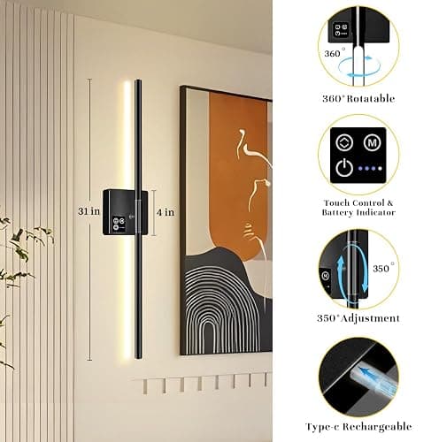 31in Wireless Wall Sconces Set of Two, [Creates Sunset Glow Ambiance] Dimmable 2700K–6000K with 8000mAh Battery & Display, Touch/Remote Control, Rechargeable Wall Lamps for Home Decor – Black thumbnail 8