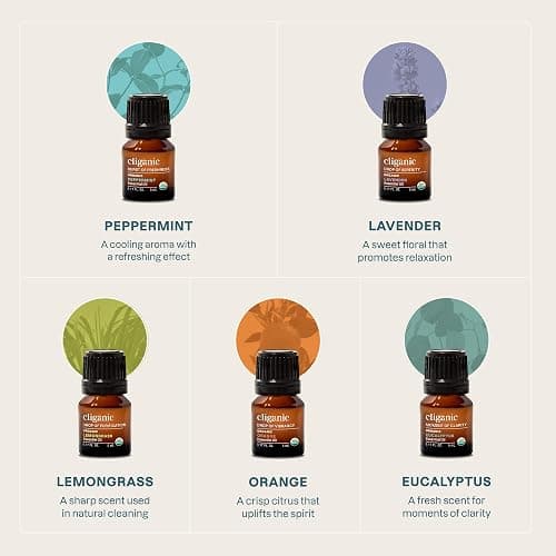Cliganic Organic Essential Oils Set (Top 5 - The Classics) - 100% Pure Natural - Aromatherapy, Candle Making - Peppermint, Lavender, Eucalyptus, Lemongrass & Orange thumbnail 3