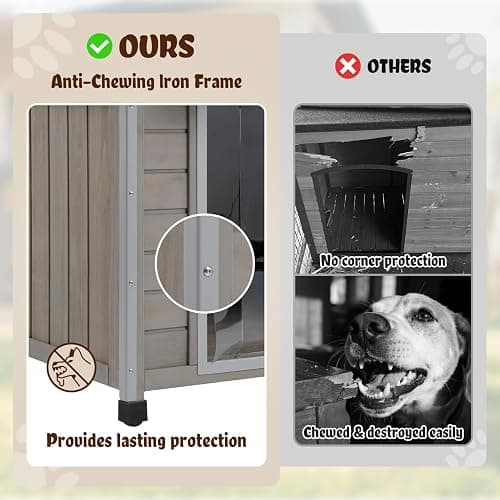 Ketive Outdoor Dog House, Weather-Resistant Wooden Shelter, Up to 60 lb | Reinforced iron frame, sloped asphalt roof, PVC door flap, adjustable vent window and raised feet for patios and backyards. thumbnail 4