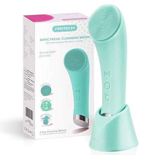 PRITECH Silicone Face Scrubber, Rechargeable Facial Cleansing Brush with Heat Massage End, Vibrating Exfoliator Scrubber for Deep Cleaning, Waterproof Face Brush for Women and Men (Green) - Image 1
