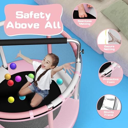 ZCMHAXJ 55" Trampoline for Kids with Enclosure, 440lbs Capacity Indoor & Outdoor Toddler Trampoline with Adjustable Gymnastics Bar & Toys, for Boys & Girls - Pink thumbnail 2