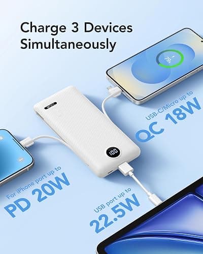 ⭐️VRURC Portable Charger with Wall Plug, 10000mAh Slim Portable Charger Built in Cables,PD 20W Fast Charging Power Bank with Cords,USB C Portable Phone Charger Travel Accessories -White(1 Pack) thumbnail 3