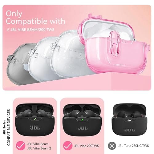 for JBL Vibe Beam 2(2025)/Beam(2023)/200TWS (2022) with Safety Lock,Pink | Clear Case with Cleaner Kit & Bling Keychain for Women Girls,Transparent Soft TPU Protective Cover,Shockproof thumbnail 3