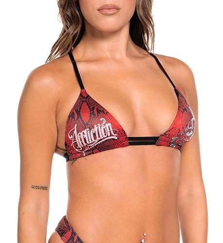 Affliction Women's Snake Print Triangle Bikini Top, Red and Black Pattern, Strappy Back Design with Tie Closure - Image 1