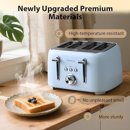 LONGDEEM 4-Slice Stainless Steel Toaster for Bagels, Bread, Waffles & Muffins, 1.5" Extra Wide Slot, High Lift Lever, Modern Blue, 6 Browning Settings, Family Friendly,Breakfast Kitchen Appliance thumbnail 4