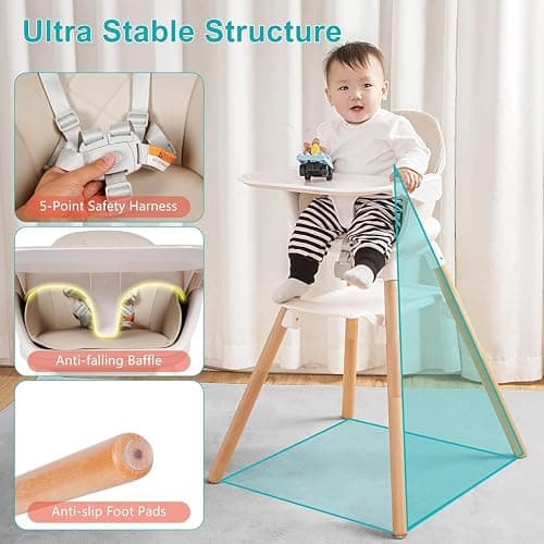 Komcot High Chair, 6 in 1 Convertible High Chairs for Babies and Toddlers | Wooden Baby High Chair, Toddler Highchair with Double Tray & Reversible Footrest, 5-Point Harness Baby Feeding Chair, Beige thumbnail 6