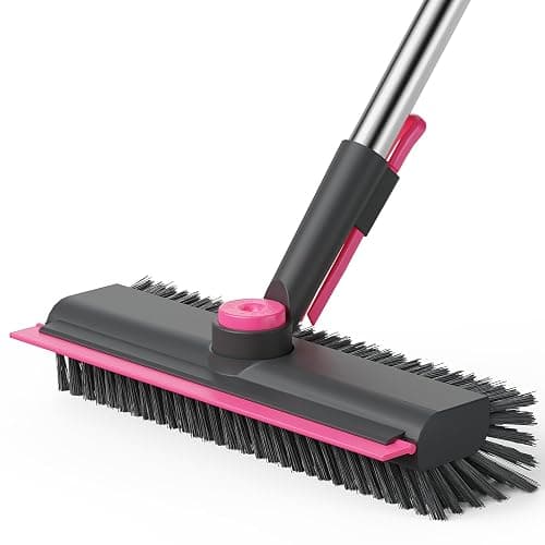 AIR U+ Floor Scrub Brush with Long Handle, 3 in 1 Scrape and Heavy-Duty Stiff Bristle Scrubber Brush for Cleaning Shower Bathroom, Patio, Pool, Garage, Kitchen, Wall and Deck, Gray and Pink - Image 1