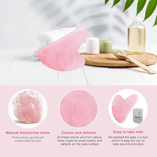 Gua Sha Outil de massage Guasha en pierre de jade naturelle pour soins du visage, soulage les rides et les yeux, traitement des gonflements, spa du dos (Rose) thumbnail 3