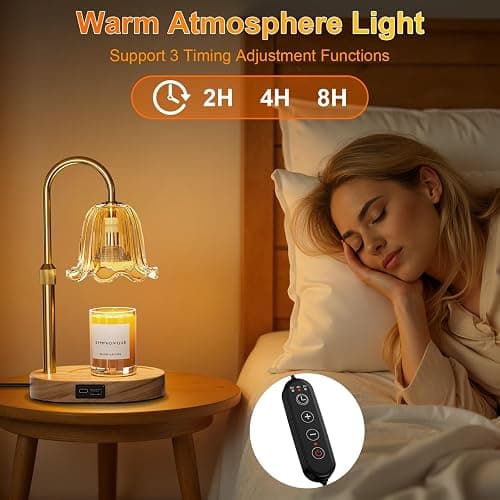 Candle Warmer Lamp - Dimmable & Timer with USB & Type-C Ports, Height Adjustable Flameless Candle Lamp for Jar Candles, for Women's Birthday, Christmas & Anniversary(Includes 2 Bulbs) thumbnail 4