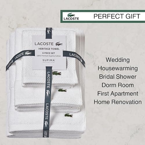 Lacoste Heritage Supima Cotton 6-Piece Towel Set, 2 Bath Towels, 2 Hand Towels, 2 Washcloths, White – Highly Absorbent & Quick Drying, Bathroom Essential, Machine Washable thumbnail 7