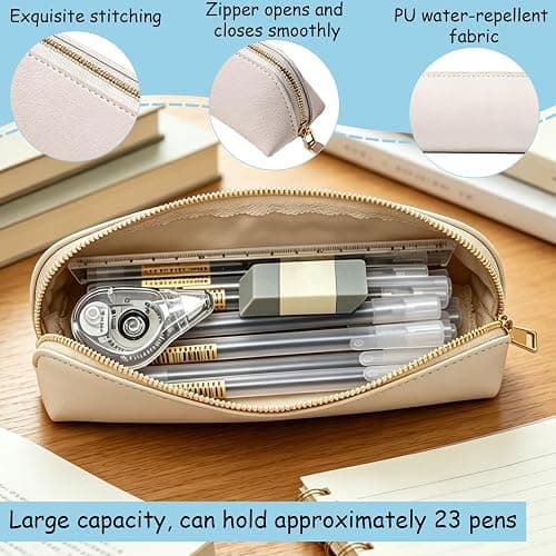 TENGWA PU Pencil Case Off White Leather Pencil Case Small Pencil Bag with Zipper Portable Cosmetic Holder Stuff Bags Suitable for School Office Travel Stationery and Cosmetic Storage thumbnail 4