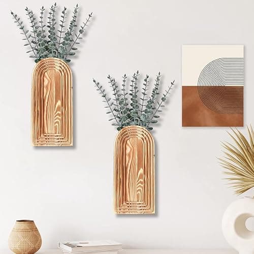 Dnnnii 2 Pack Wooden Wall Vase Set - Brown Finish Modern Farmhouse & Boho Wall Decor for Entryway, Hallway, Bathroom, Living Room, Dining Room, Narrow Spaces thumbnail 4