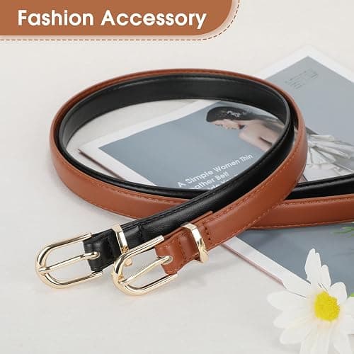 JASGOOD 2 Pack Womens Skinny Leather Belt Ladies Thin Faux Leather Belt with Gold/Silver Buckle for Jeans Dress Pants thumbnail 4