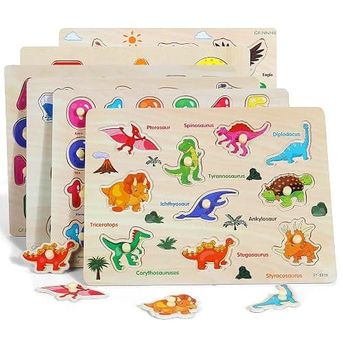 GRINNNIE Wooden Peg Puzzle for Toddlers, 6 Pack Toddler Puzzles Set for 3 4 5 Years Old (Alphabet Number Shape Animal Dinosaur Vehicle), Preschool Education Learning Puzzle Toys for Girls and Boys thumbnail 4