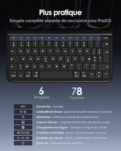 Qulose Clavier iPad Français AZERTY pour iPad Air 11 Pouces M3 2025/M2 2024, Air 5/4 2022/2020 10.9", Pro 11" Étui avec Clavier Bluetooth Magnétique Ultra-Mince, Chargement Via Type C, Noir thumbnail 7