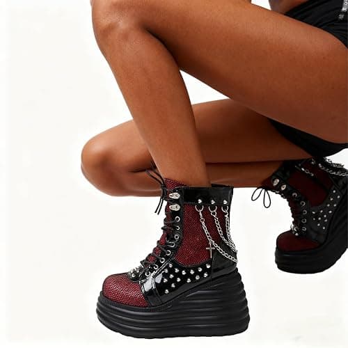 SONALOONG Goth Chunky Ankle Boots for Women - Bat Buckle DIY Platform,Zip Round Toe Lace Up Combat Bootie, Wedge Rave Boots Black Punk Shoes - Light Weight & Waterproof thumbnail 2