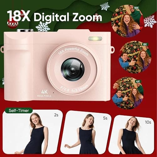4K Digital Camera for Photography- 50MP Autofocus Vlogging Camera with 2.8" 180°Flip Screen, 18X Digital Zoom- Compact Point and Shoot Camera with 32GB TF for YouTube, Travel, Beginners, Pink thumbnail 4
