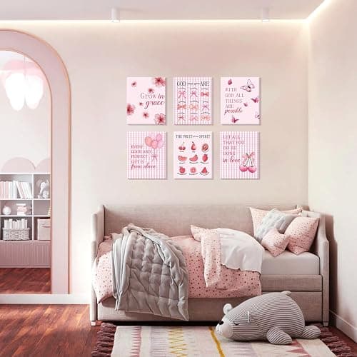 CHDITB 6Pcs Pink Girly Affirmation Framed Canvas Wall Art, Trendy Flower Bow Butterfly Cherry Balloon Poster Prints, Cute Inspirational Quotes Artwork for Teen Girl Bedroom Preppy Dorm (8" X 10") thumbnail 2