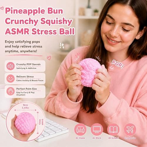 Crunchy Pineapple Bun Squishy - Bead Filled Squeeze Fidget Toy, Realistic Food Replica Design Sensory Squeeze Ball with Crunchy ASMR Feel for Adults，Pink thumbnail 7