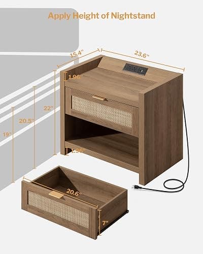 SICOTAS Night Stand Set of 2 Nightstands - Rattan Bed Side Table with Drawer Storage,Type-C Charging Station End Table - Boho Bedside Night Stands for Bedroom - Natural Oak thumbnail 2