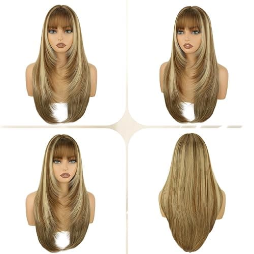 Brown Long Straight Layered Wig with Bangs for Women 26 inch Light Brown With Blonde Put on Go Realistic Synthetic Heat Resistant Natural Wig for Girls Party Cosplay and Daily Use thumbnail 3