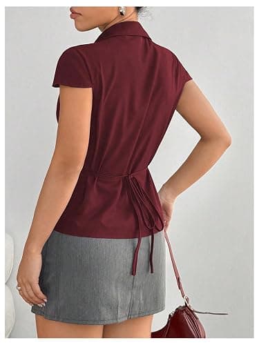 SweatyRocks Women's Ruched Button Down Shirt Short Sleeve Tie Back Fitted Blouses thumbnail 2