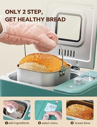 Neretva Bread Maker, 20-IN-1 2LB Bread Machine Dual Heater Bread Maker Machine Automatic with Nonstick Ceramic Pan, 15H Timer & 1H Keep Warm Set, Low Noise, Stainless Steel Breadmaker Recipe-Green thumbnail 5