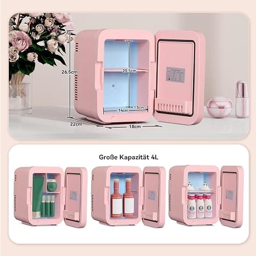 YU YUSING Mini Kühlschrank 4L, Kosmetik Kühlschrank mit LED Spiegel für Skincare & Getränke, AC+12V DC Tragbarer Klein Skincare Fridge mit Kühl & Wärmefunktion für Autos Büro Schlafzimmer, Rosa thumbnail 2