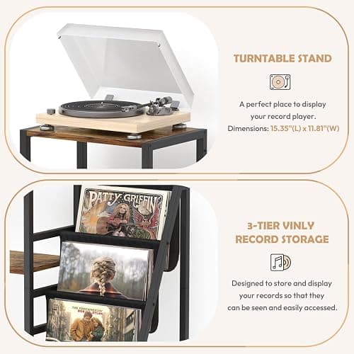 Bikoney Record Player Stand, Guitar Stand for Acoustic, Electric Guitar, Bass with Amp Stand, 3-Tier Vinyl Record Storage Up to 200 Albums, Record Player Table for Record Player, Speaker, Amplifier thumbnail 5