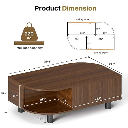 sunmiler Mid-Century Modern 39.4" Coffee Table - Leaf-Shaped Wood Center Table with Storage, Retro Fluted Central Table with Sliding Door & Large Hidden Compartment, for Living Room, Office, Walnut - Walnut thumbnail 2