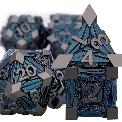 ORIFANTOU 7PCS Metal DND Dice Set with Box, Debris RPG Black Blue D and D Dice for use with D&D Tabletop Games Role Playing Game Polyhedral Dice Set D20 D12 D10 D8 D6 D4 thumbnail 3