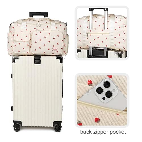 Strawberry Duffel Bag for Girls,Corduroy Gym Bag with Shoe Compartment & Wet Pocket,Cute Travel Weekend Overnight Dance Bag for Teens (white) thumbnail 5