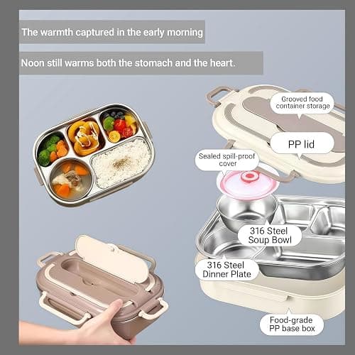 Adult Lunch Box Set, Five Compartments, Stainless Steel Construction, Easy to Clean, Heats Food by Adding Hot Water. thumbnail 2