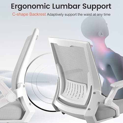 GTRACING Ergonomic Office Chair with Flip-up Armrests Executive Computer Chair for Home Office, Breathable Mesh & Comfy Lumbar Support, Wide Seat Gray thumbnail 4