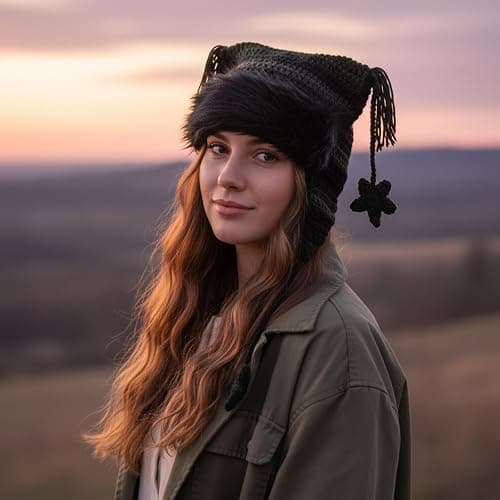 Y2k Cat Ear Beanie, Cute Hat with Harajuku Fashion, Grunge Cat Crochet Hats for Women Y2k Accessories, Christmas, Winter Black,Green thumbnail 2