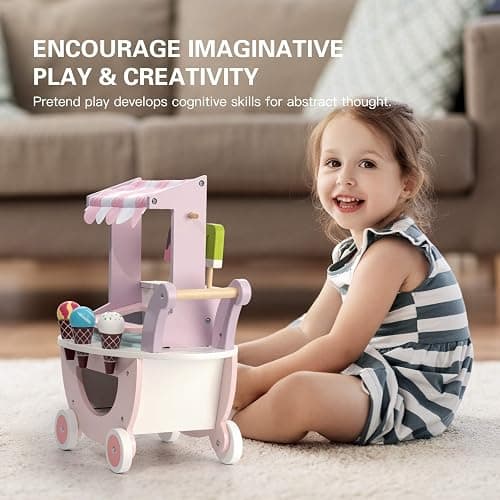 ROBUD Wooden Ice Cream Cart Toys for Kids, Toddlers Pretend Play Food Truck, Gift for Girls and Boys 3 Years & Up, Pink thumbnail 3