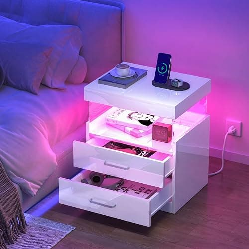 WelFurGeer High Glossy Night Stand, White LED Night Stand with Charger Station, Bedside Table with Drawers, Modern Nightstands, Wood Small Nightstand, Nightstands with Drawers for Bedroom thumbnail 7
