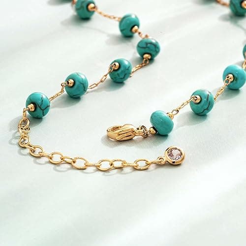 LADYGD Created Turquoise Beaded Choker Necklace for Women | 14K Gold Or Silver Plated Brass, Multiple Stone Shapes, 15-15.7 in Plus 2 in Extender, Summer Western Styling thumbnail 6