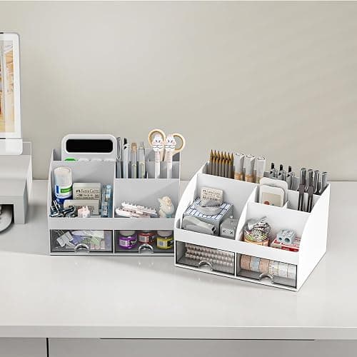 COMFYROOM Desk Organizer with 6 Compartments and 2 Drawers, Plastic Makeup Organizer, Pen Holder for Desktop Storage, Desk Organization for School, Home, Office Supplies (Grey) - Grey thumbnail 5