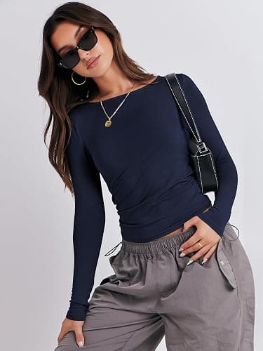 ANRABESS Women’s Long Sleeve Shirts Tight Fitted Going Out Crop Tops Crewneck Basic Tee Y2k Fall Outfits Teens Girls Clothes thumbnail 5