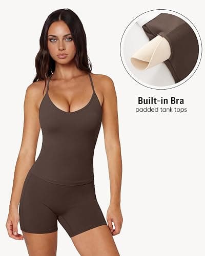 OMKAGI Racerback Workout Tops for Women Built in Bra Cute Open Back V Neck Longline Sports Bra Top thumbnail 3