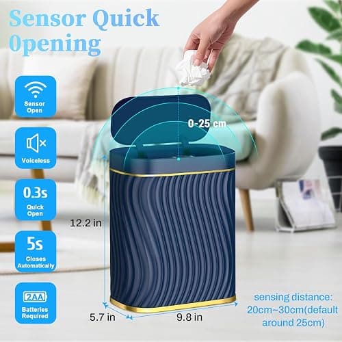 steo spce Bathroom Small Trash Can with Automatic Touchless Lid, 2.6 Gallon Smart Garbage Can Narrow Waterproof Trash Bin for Bedroom, Office, Living Room (Dark Blue) thumbnail 2
